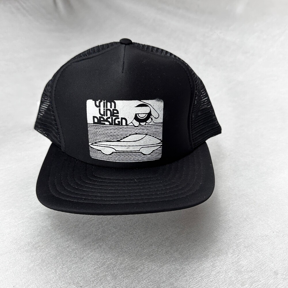 Vintage 80s Trim Line Design Trucker Hat — Black Designer Award Headwear